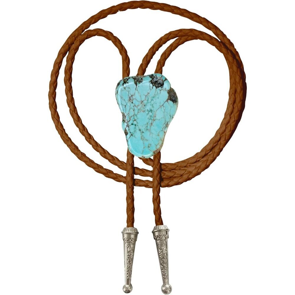 Silver Bolo Tie Unisex Brown Cord with Turquoise Stone Handmade for Weddings - Picture 3 of 6
